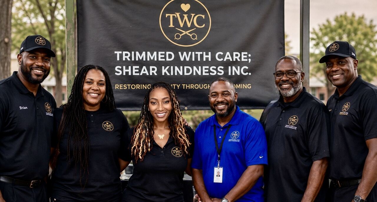 Seven members of the Trimmed With Care team and a community partner standing together in front of the organization's banner, which reads Restoring Dignity Through Grooming.
