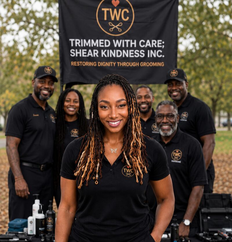 Founder Kandya Adams with six Trimmed With Care volunteers in branded polos, gathered under the organization's banner at an outdoor community event.